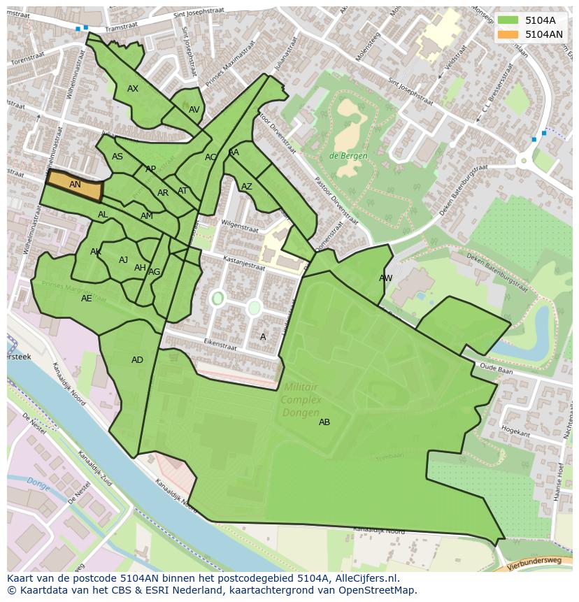 Afbeelding van het postcodegebied 5104 AN op de kaart.