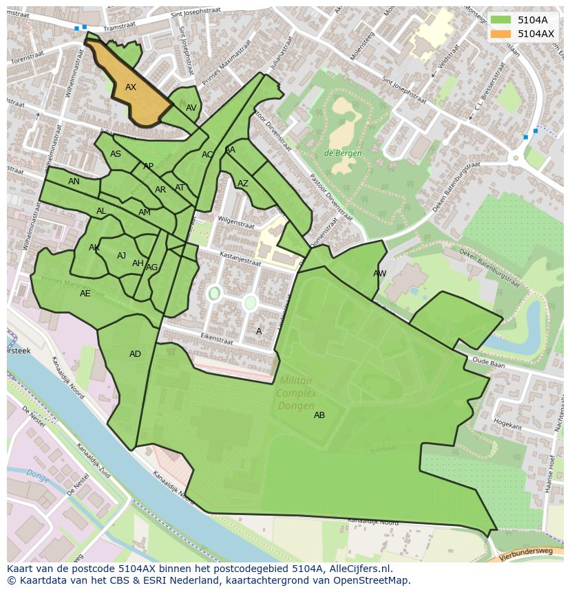 Afbeelding van het postcodegebied 5104 AX op de kaart.