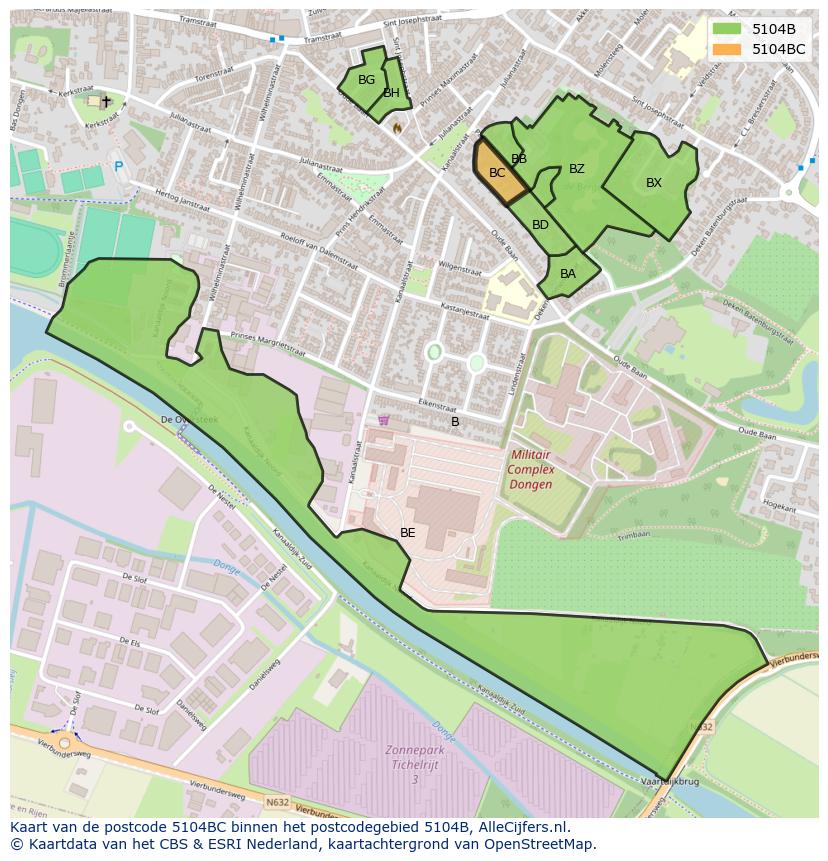 Afbeelding van het postcodegebied 5104 BC op de kaart.