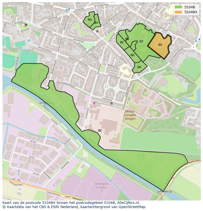 Afbeelding van het postcodegebied 5104 BX op de kaart.