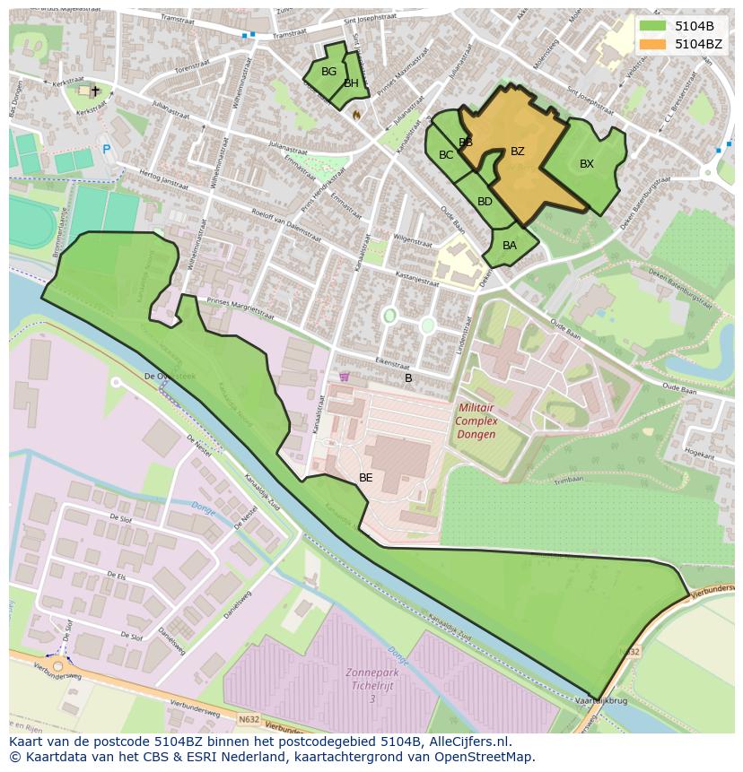 Afbeelding van het postcodegebied 5104 BZ op de kaart.