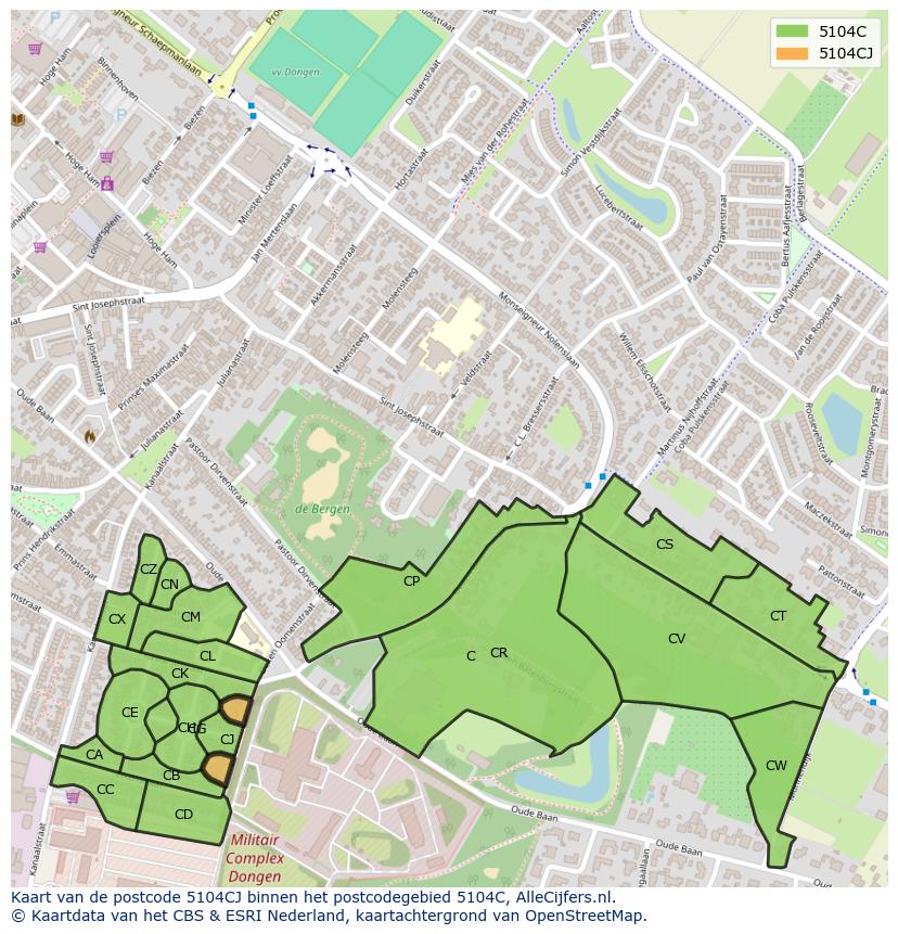Afbeelding van het postcodegebied 5104 CJ op de kaart.