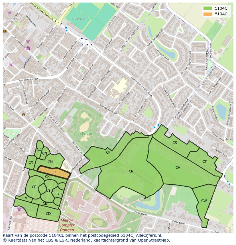 Afbeelding van het postcodegebied 5104 CL op de kaart.