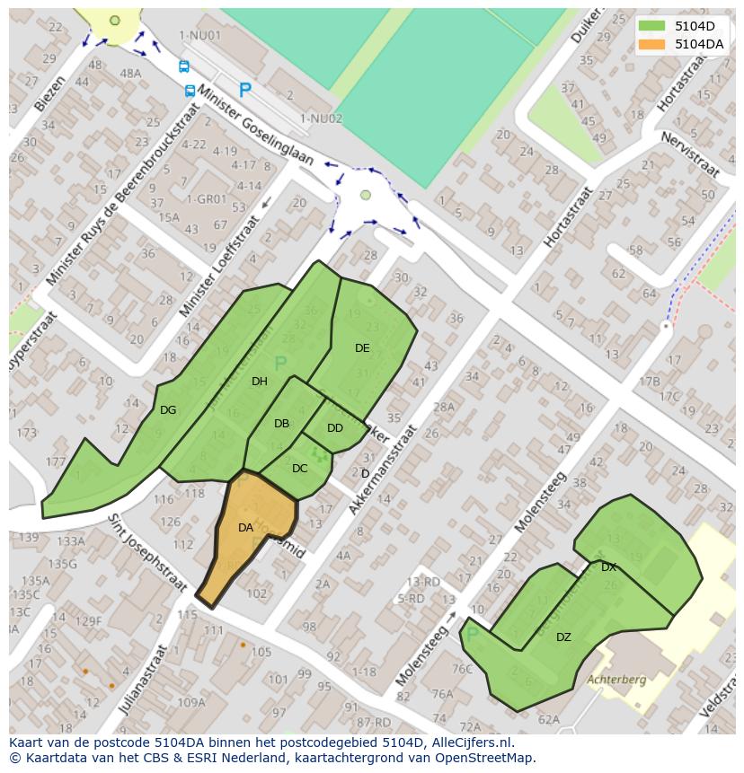 Afbeelding van het postcodegebied 5104 DA op de kaart.