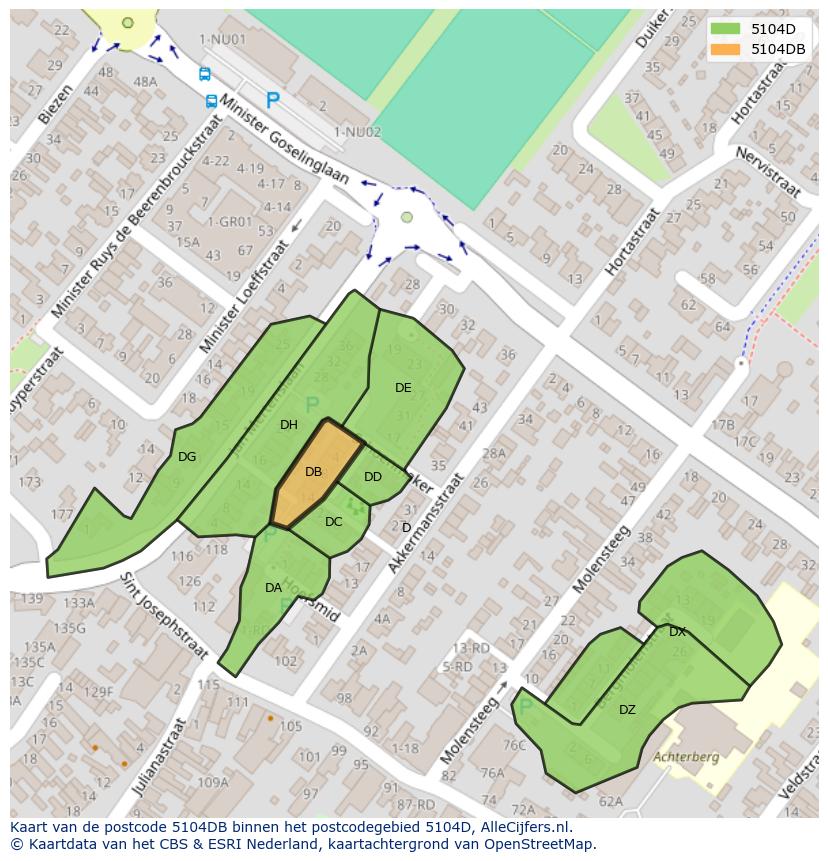 Afbeelding van het postcodegebied 5104 DB op de kaart.