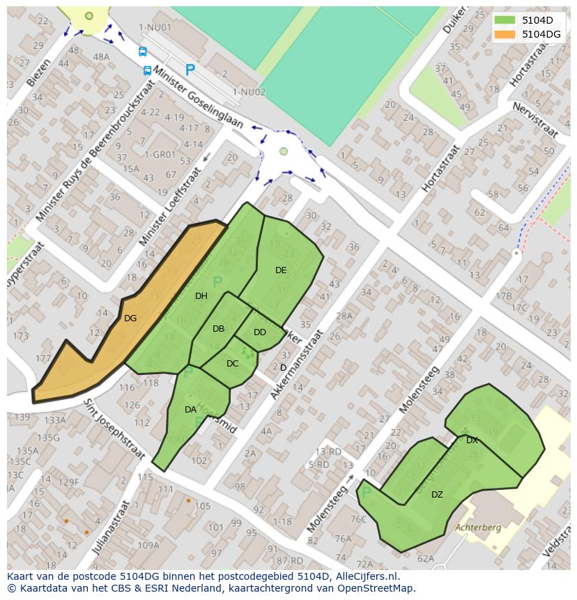 Afbeelding van het postcodegebied 5104 DG op de kaart.