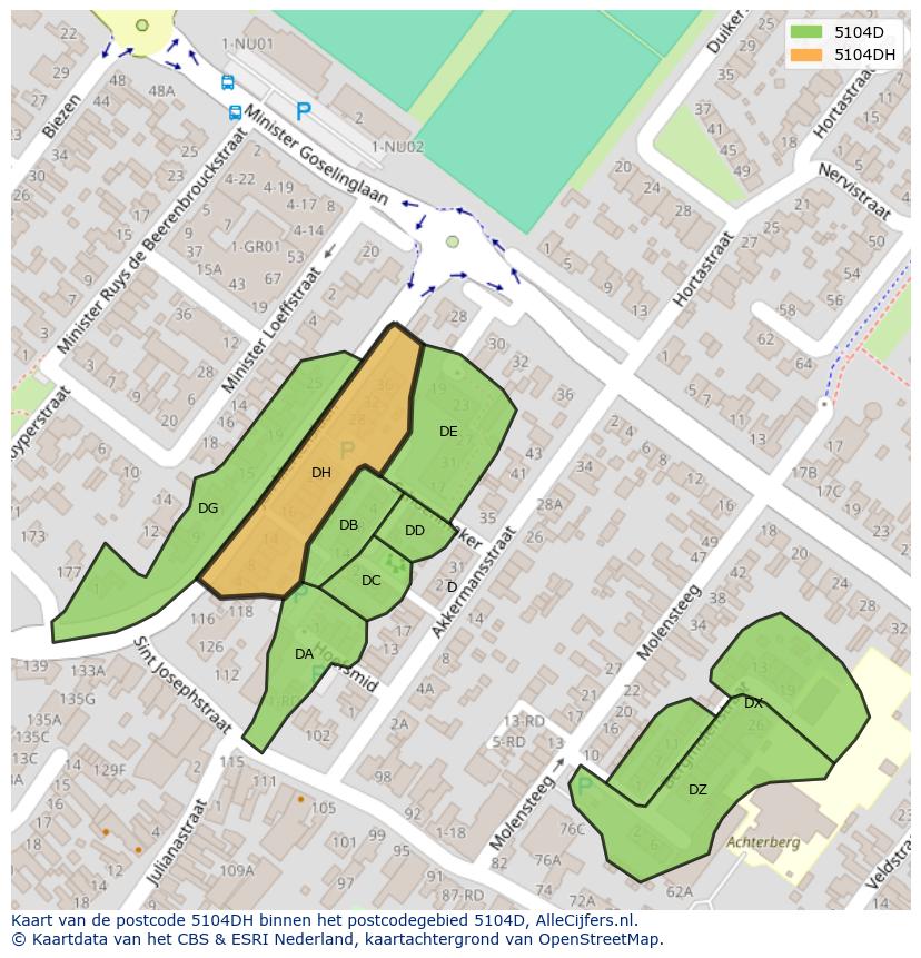 Afbeelding van het postcodegebied 5104 DH op de kaart.