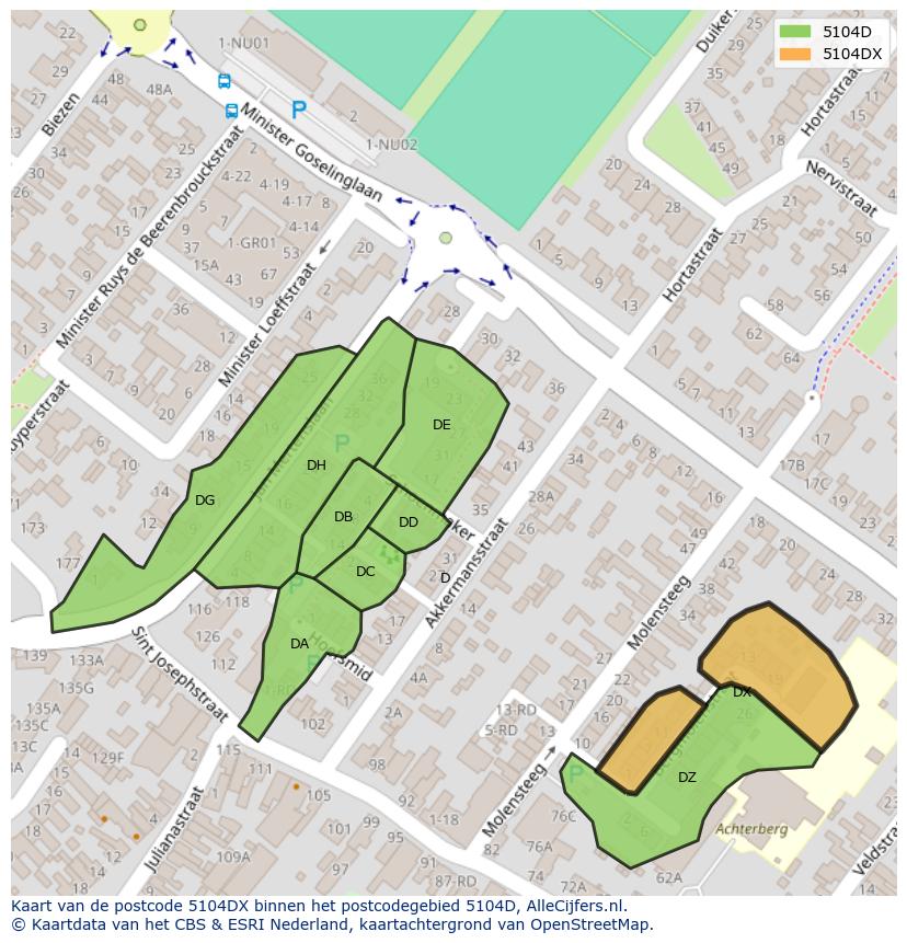 Afbeelding van het postcodegebied 5104 DX op de kaart.