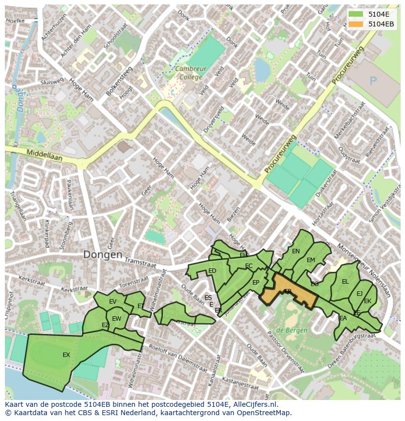 Afbeelding van het postcodegebied 5104 EB op de kaart.