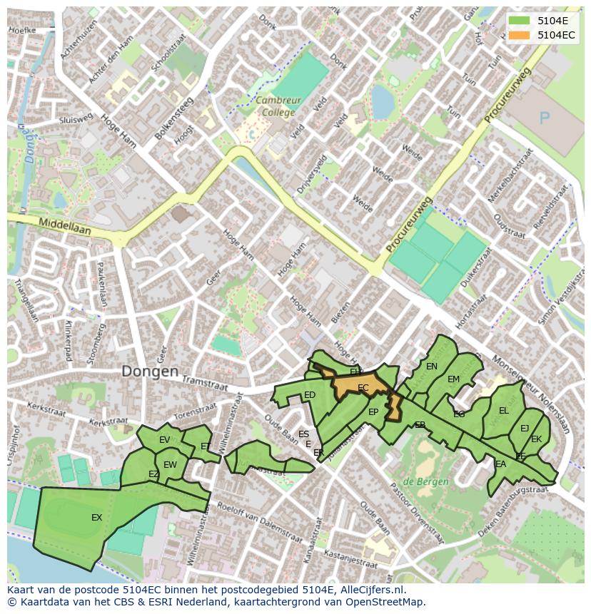 Afbeelding van het postcodegebied 5104 EC op de kaart.