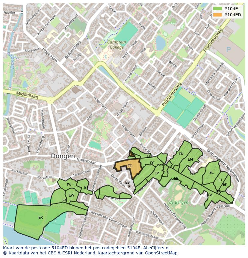 Afbeelding van het postcodegebied 5104 ED op de kaart.