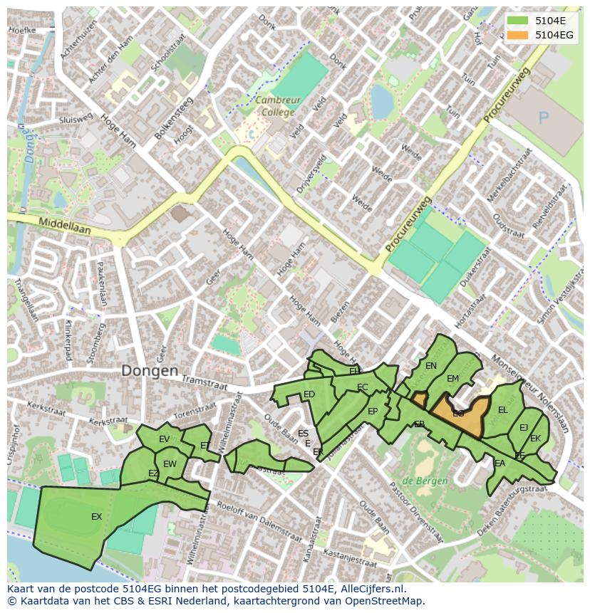 Afbeelding van het postcodegebied 5104 EG op de kaart.