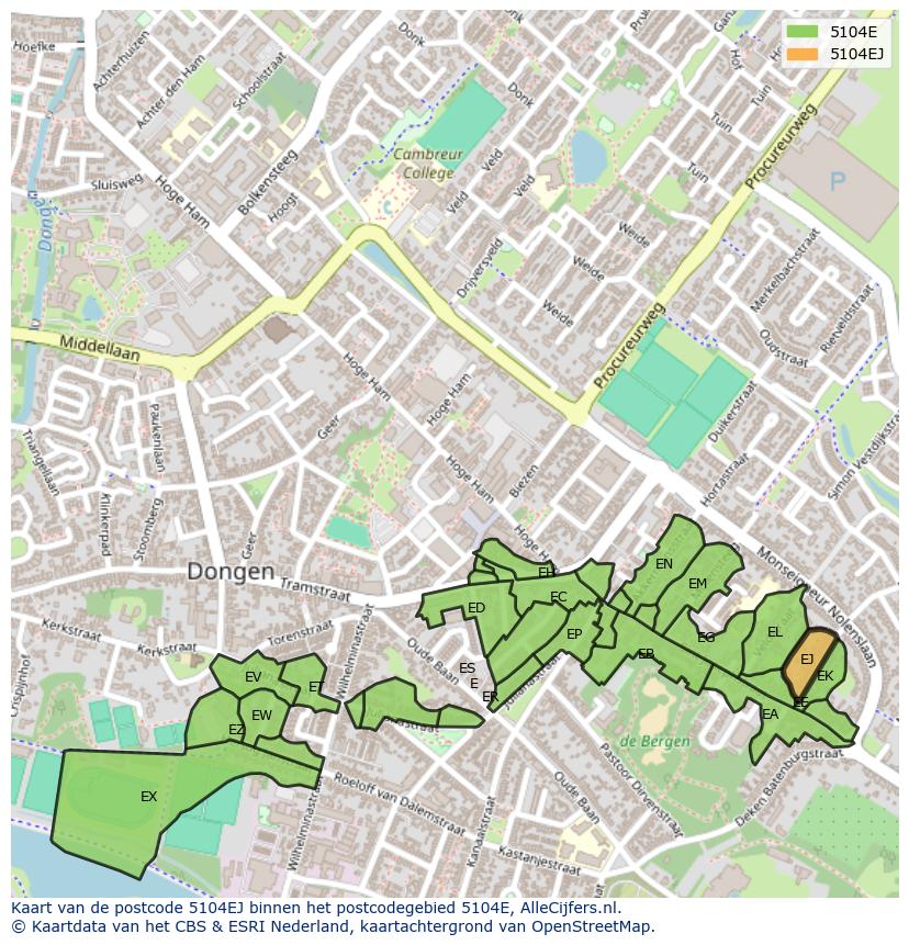 Afbeelding van het postcodegebied 5104 EJ op de kaart.