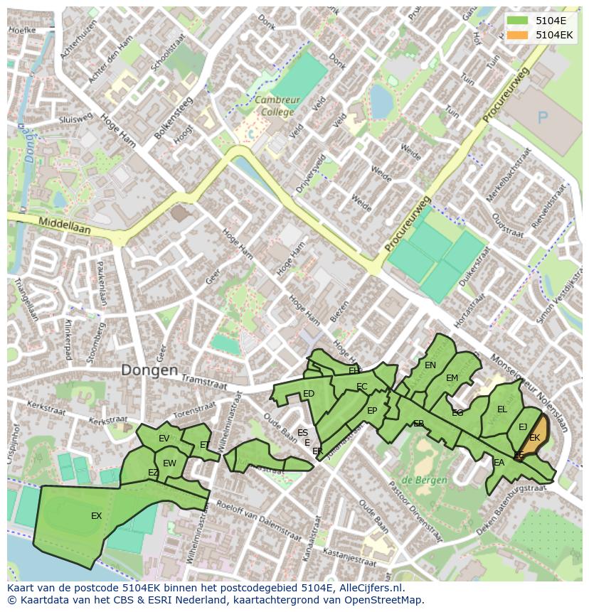 Afbeelding van het postcodegebied 5104 EK op de kaart.