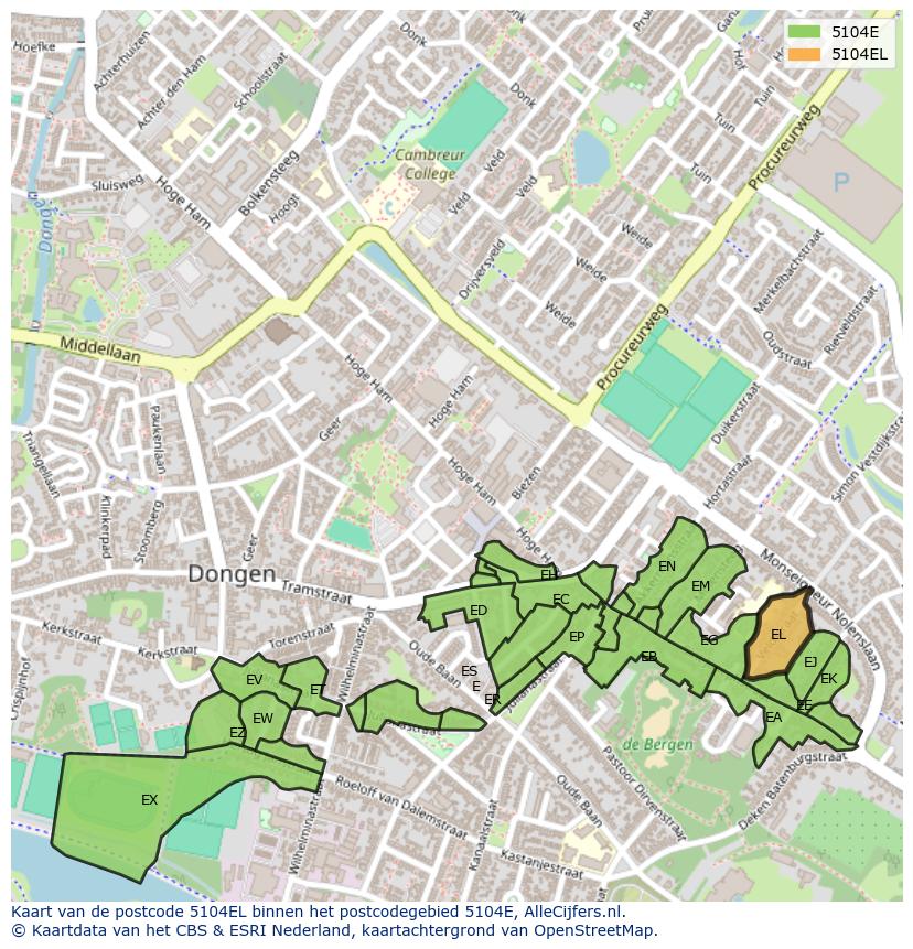 Afbeelding van het postcodegebied 5104 EL op de kaart.