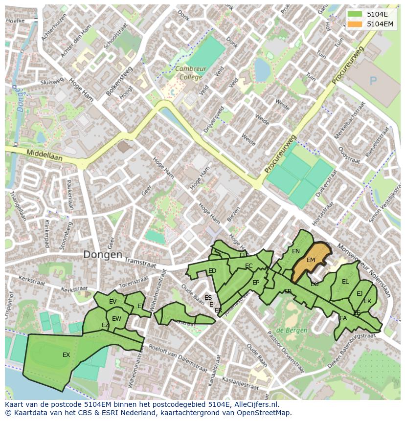 Afbeelding van het postcodegebied 5104 EM op de kaart.