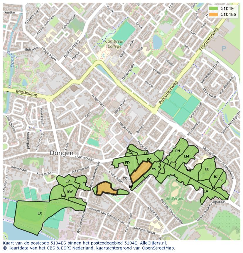 Afbeelding van het postcodegebied 5104 ES op de kaart.