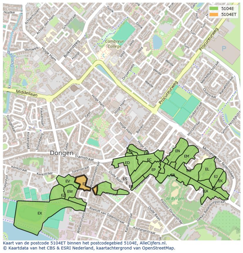 Afbeelding van het postcodegebied 5104 ET op de kaart.
