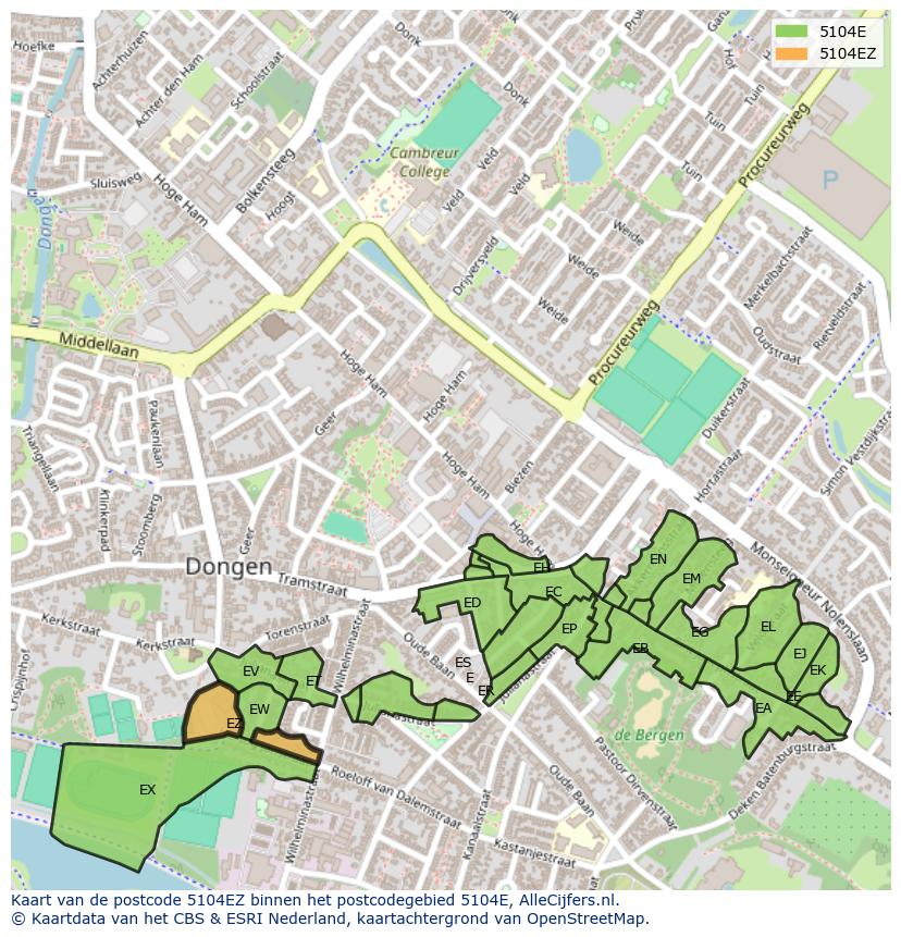 Afbeelding van het postcodegebied 5104 EZ op de kaart.