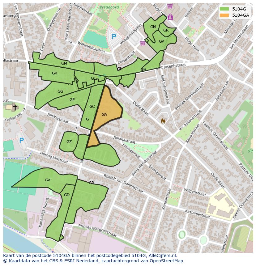 Afbeelding van het postcodegebied 5104 GA op de kaart.