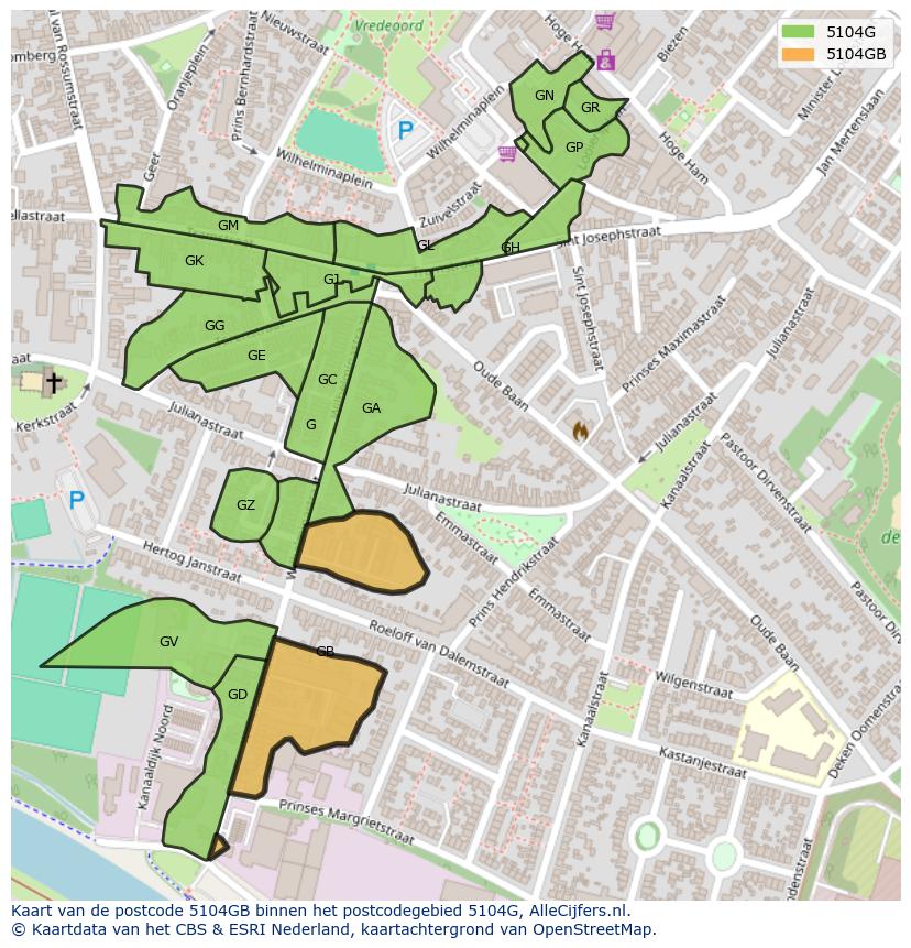 Afbeelding van het postcodegebied 5104 GB op de kaart.