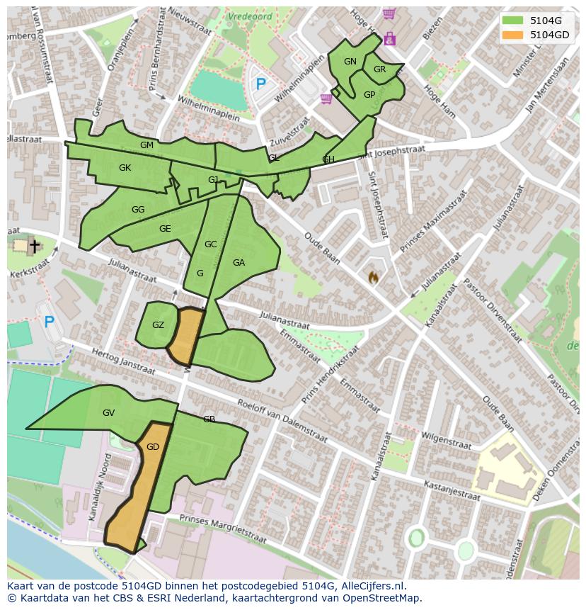 Afbeelding van het postcodegebied 5104 GD op de kaart.