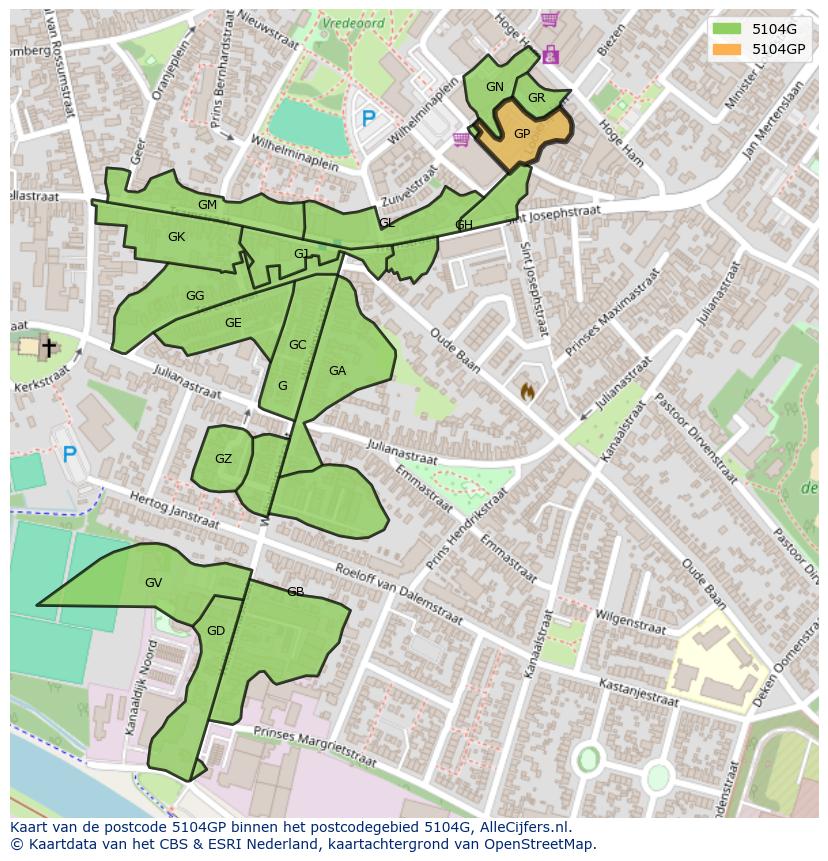 Afbeelding van het postcodegebied 5104 GP op de kaart.