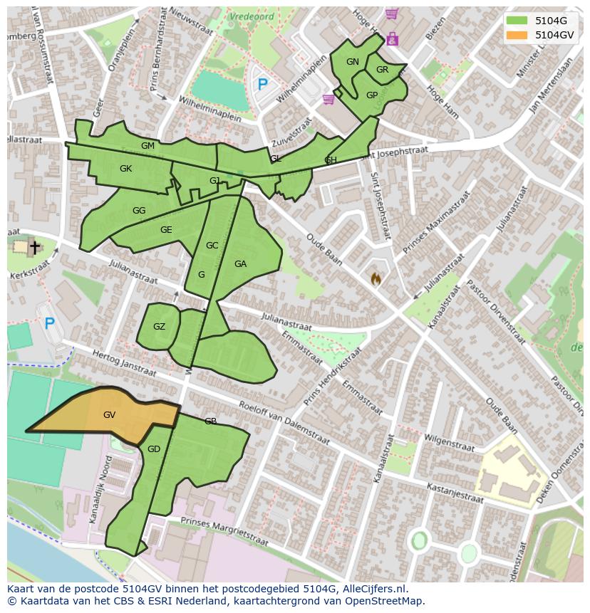 Afbeelding van het postcodegebied 5104 GV op de kaart.