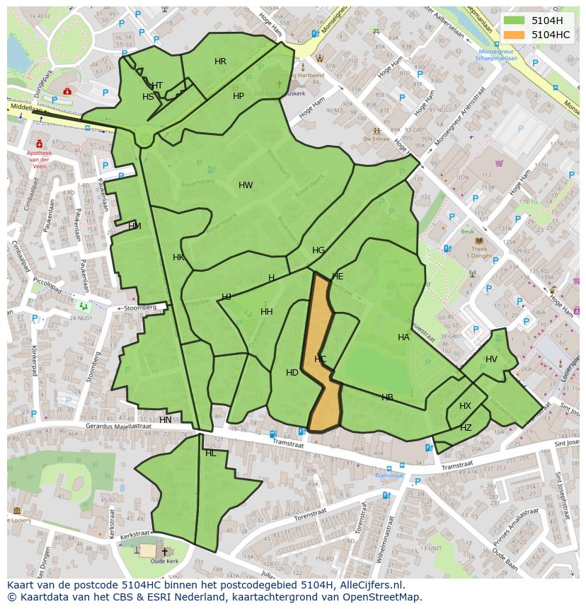 Afbeelding van het postcodegebied 5104 HC op de kaart.