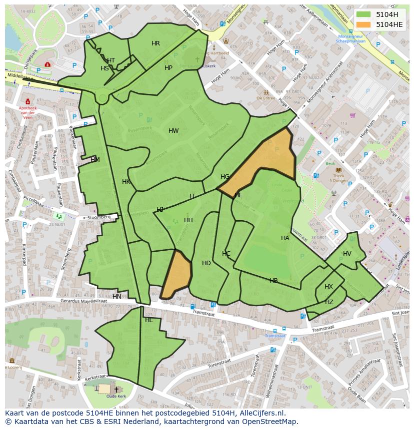 Afbeelding van het postcodegebied 5104 HE op de kaart.