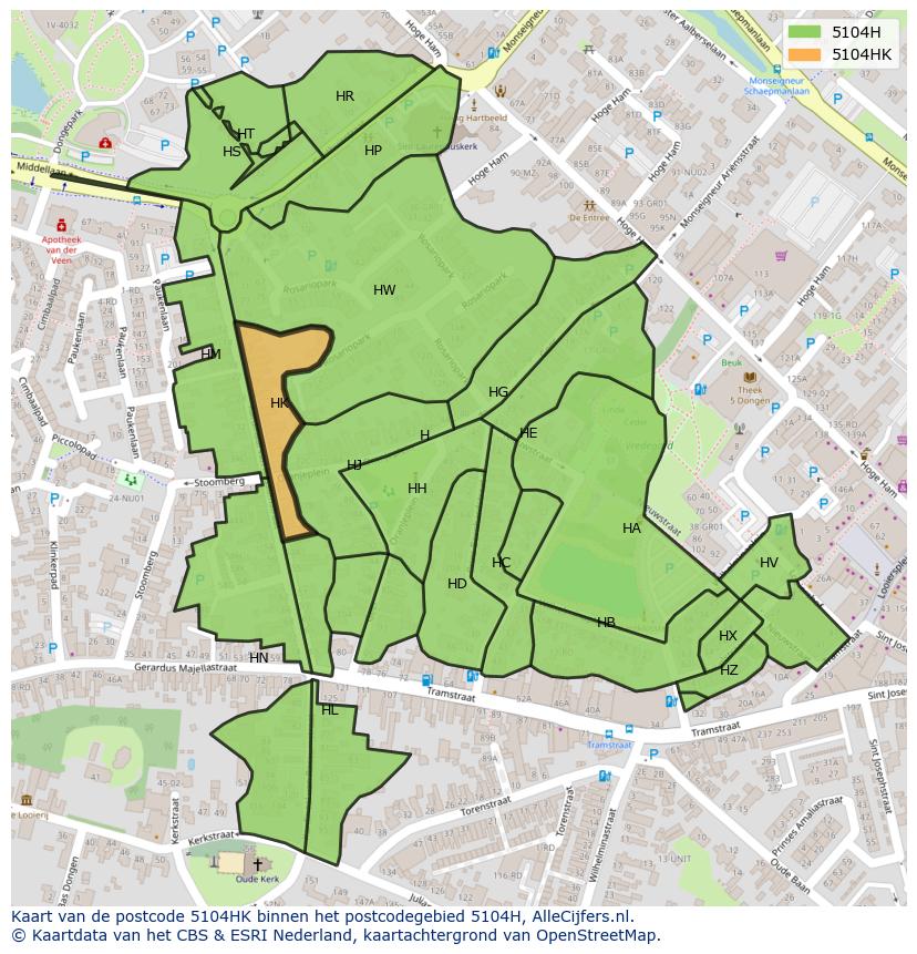 Afbeelding van het postcodegebied 5104 HK op de kaart.