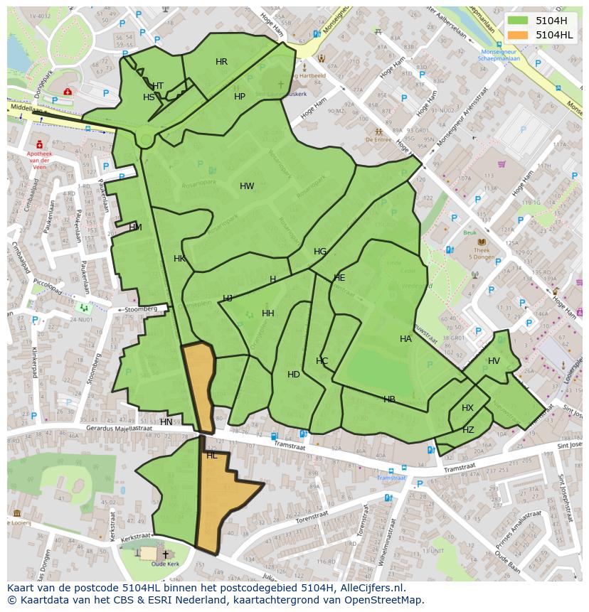 Afbeelding van het postcodegebied 5104 HL op de kaart.