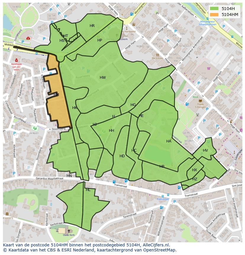 Afbeelding van het postcodegebied 5104 HM op de kaart.