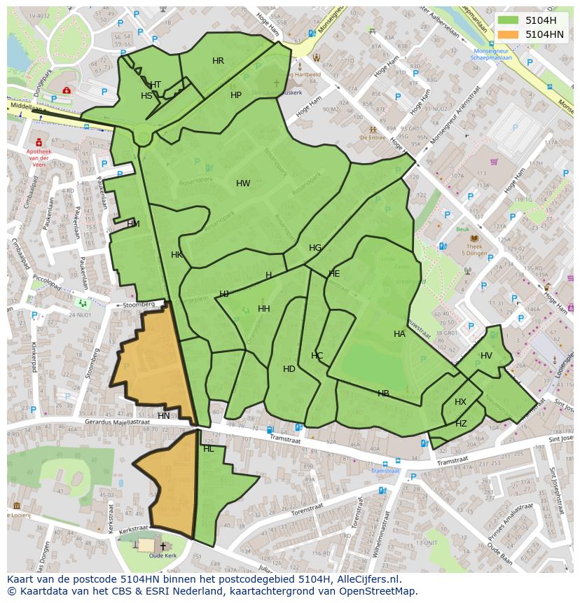 Afbeelding van het postcodegebied 5104 HN op de kaart.