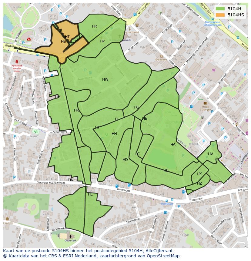 Afbeelding van het postcodegebied 5104 HS op de kaart.