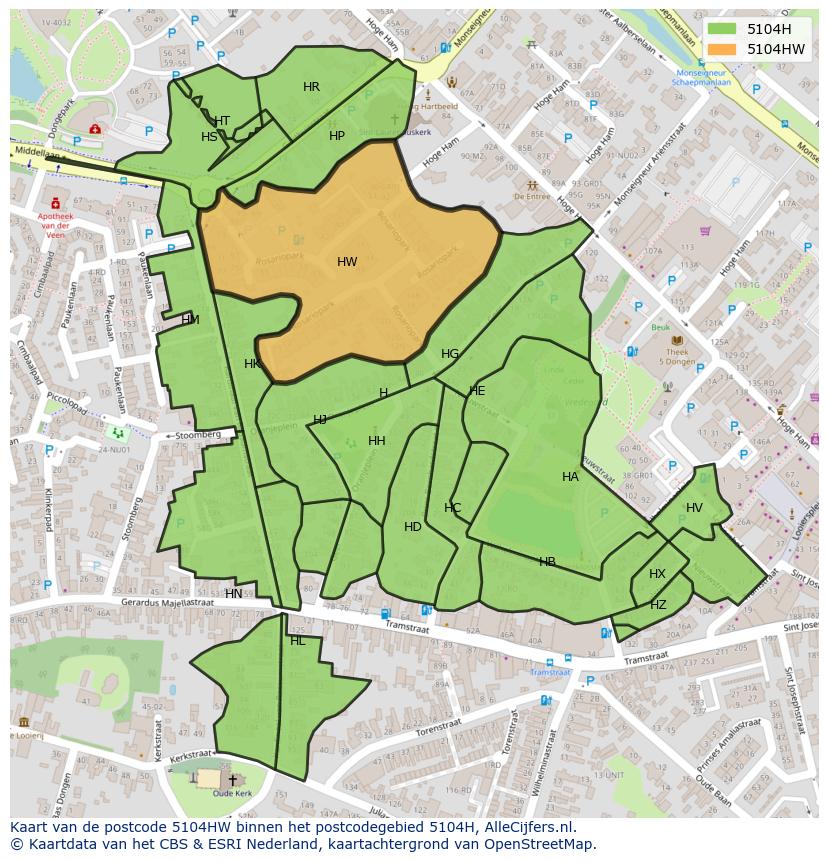 Afbeelding van het postcodegebied 5104 HW op de kaart.