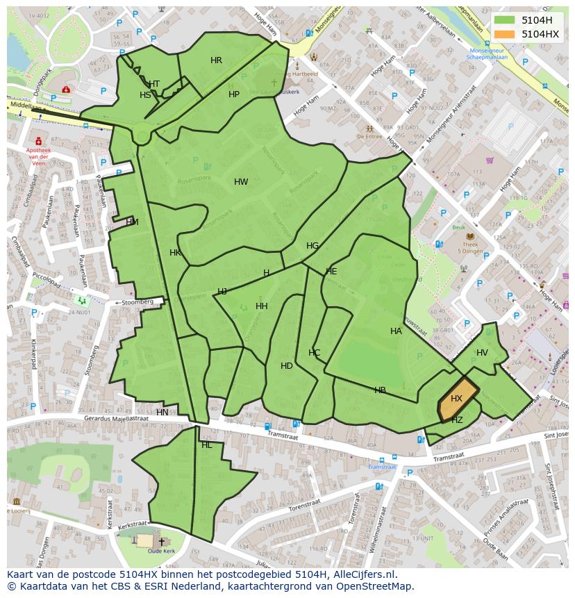 Afbeelding van het postcodegebied 5104 HX op de kaart.