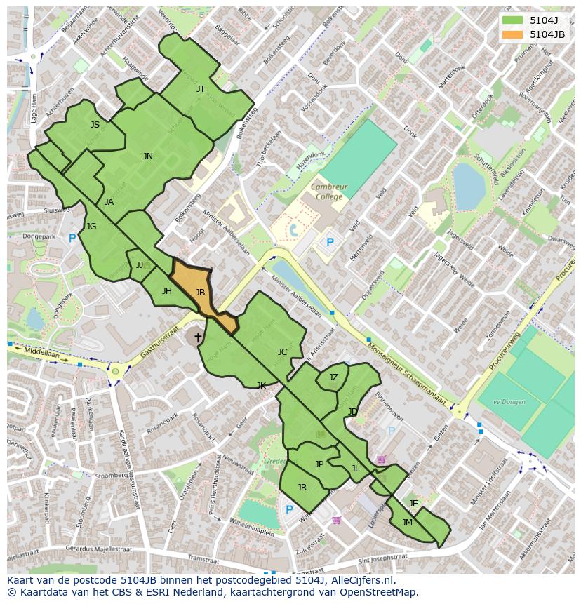 Afbeelding van het postcodegebied 5104 JB op de kaart.