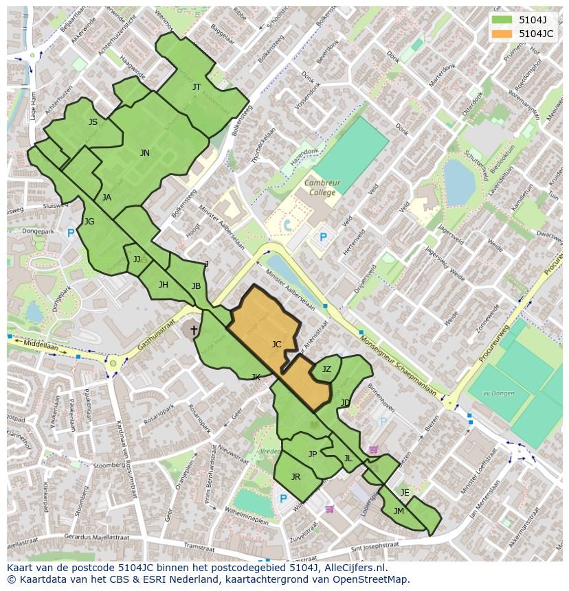 Afbeelding van het postcodegebied 5104 JC op de kaart.