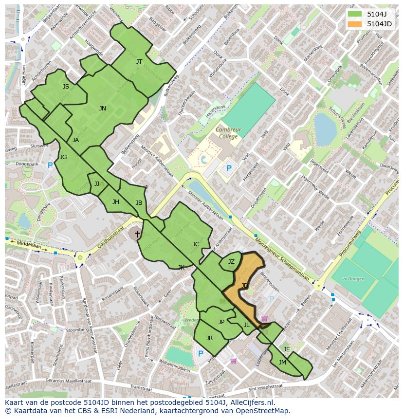 Afbeelding van het postcodegebied 5104 JD op de kaart.