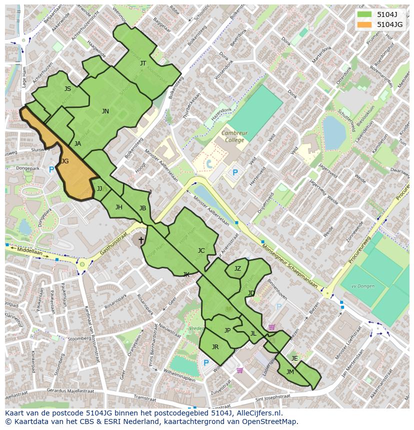 Afbeelding van het postcodegebied 5104 JG op de kaart.