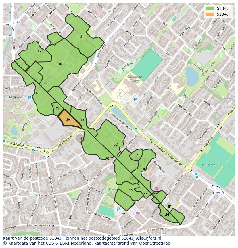 Afbeelding van het postcodegebied 5104 JH op de kaart.