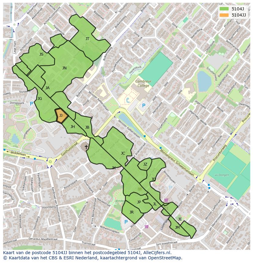 Afbeelding van het postcodegebied 5104 JJ op de kaart.