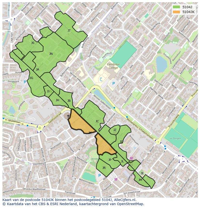 Afbeelding van het postcodegebied 5104 JK op de kaart.
