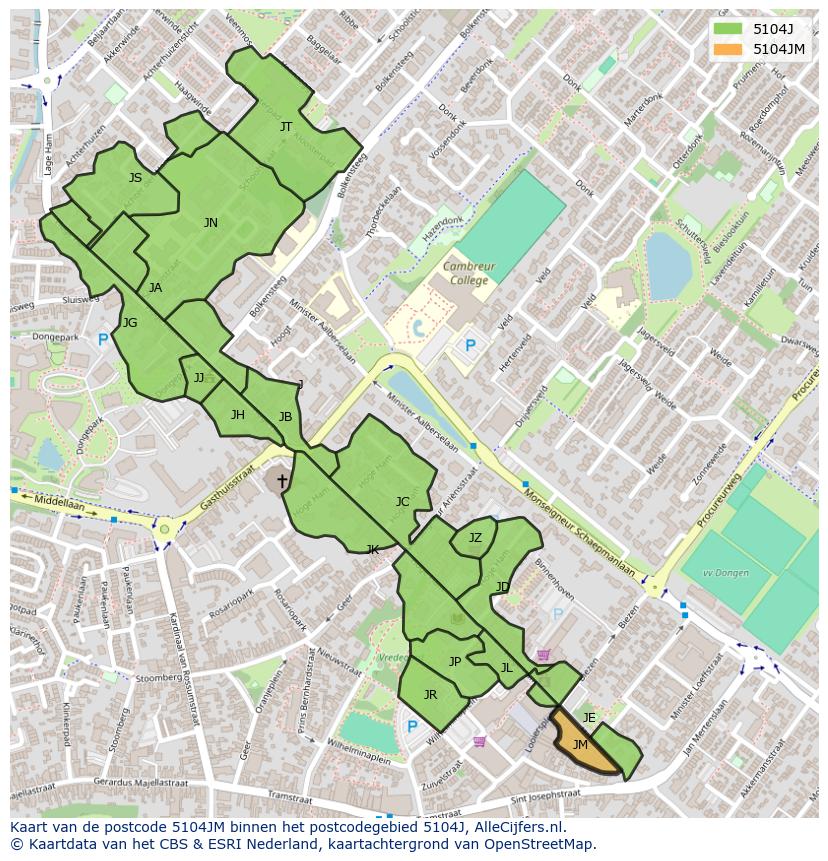 Afbeelding van het postcodegebied 5104 JM op de kaart.