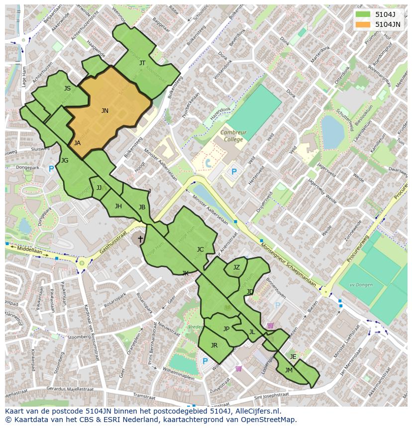 Afbeelding van het postcodegebied 5104 JN op de kaart.