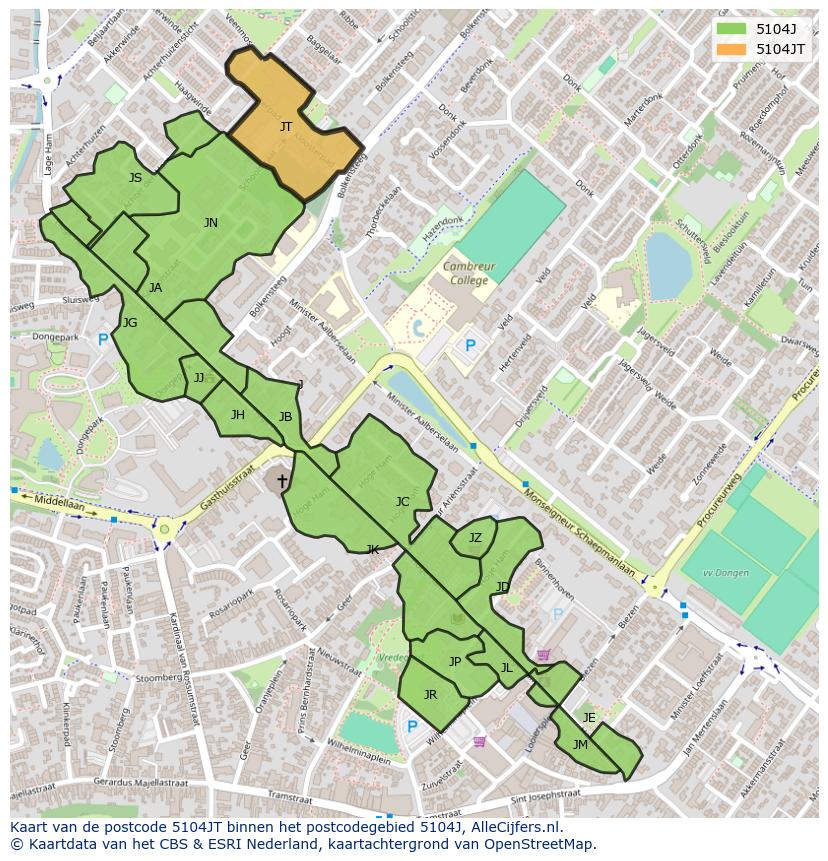 Afbeelding van het postcodegebied 5104 JT op de kaart.