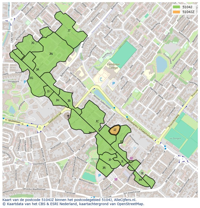 Afbeelding van het postcodegebied 5104 JZ op de kaart.