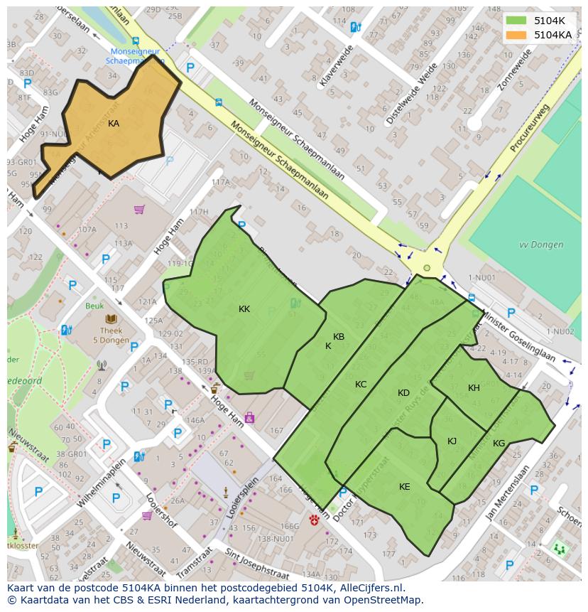 Afbeelding van het postcodegebied 5104 KA op de kaart.