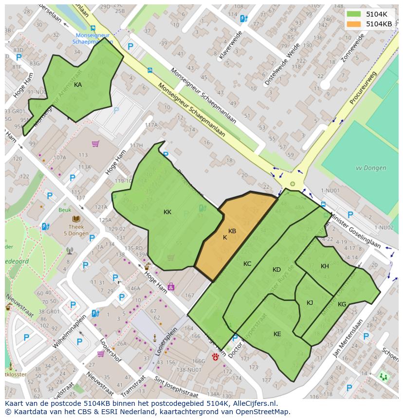 Afbeelding van het postcodegebied 5104 KB op de kaart.